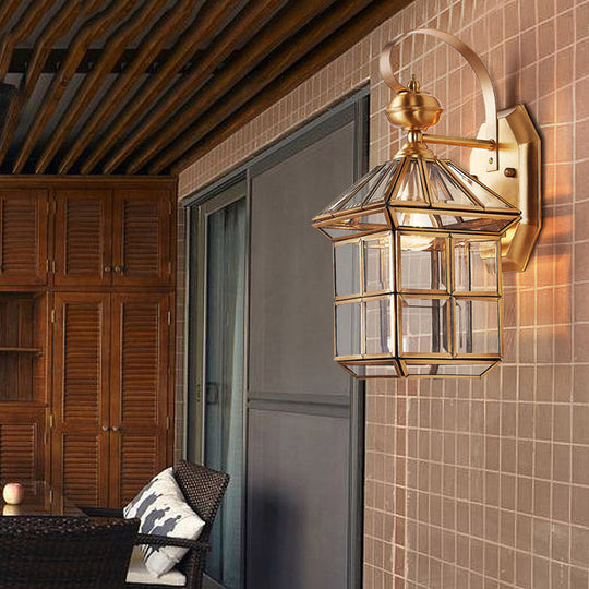 Brass House Sconce Light With Clear Glass Shade - Wall Mounted Balcony Lamp