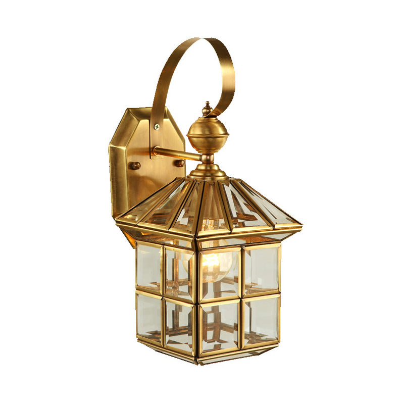 Brass House Sconce Light With Clear Glass Shade - Wall Mounted Balcony Lamp