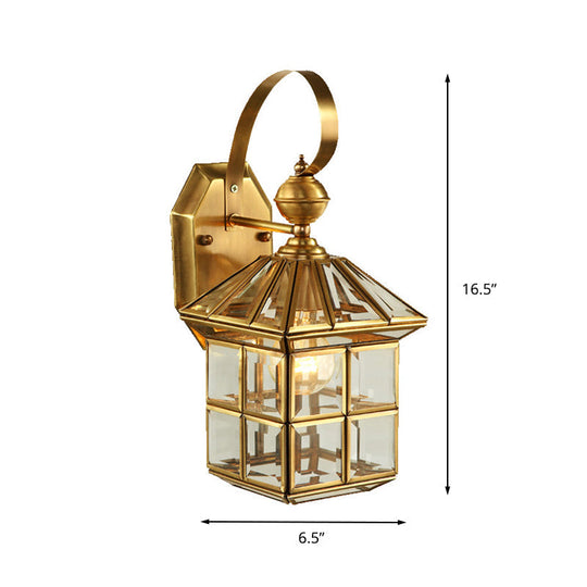 Brass House Sconce Light With Clear Glass Shade - Wall Mounted Balcony Lamp