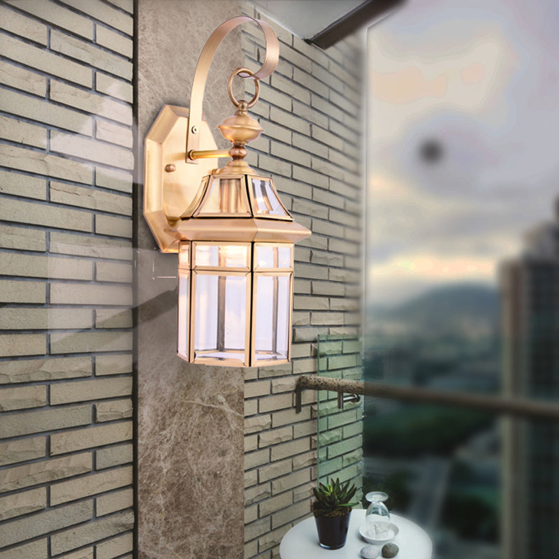 Clear Glass Hexagon Wall Light-Traditional 1 Head Brass Flush Mount Sconce For Stairway