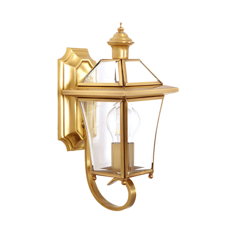 Traditional Curved Arm Sconce Light With Clear/Textured Glass - Wall Mounted Lamp For Balcony