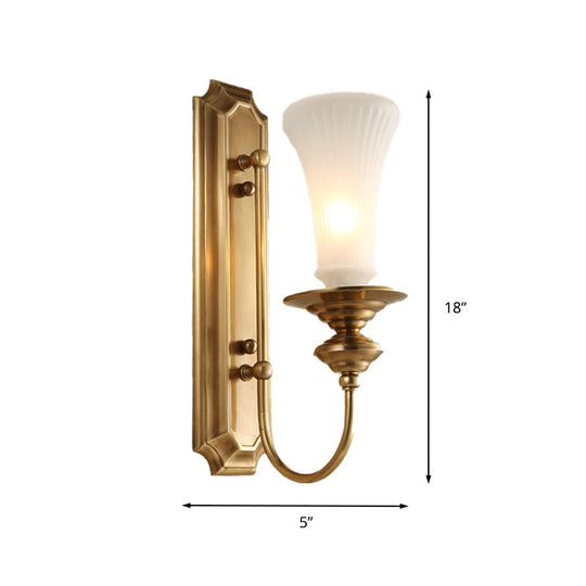 Traditional White Glass Flare Wall Lamp Brass Sconce Light Fixture For Bedroom