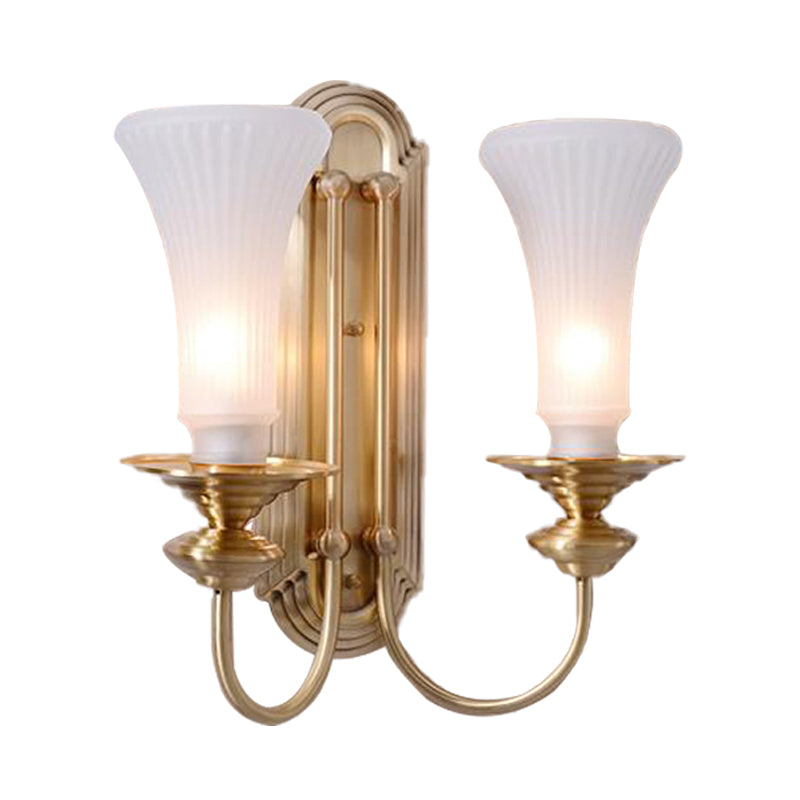 Traditional White Glass Flare Wall Lamp Brass Sconce Light Fixture For Bedroom