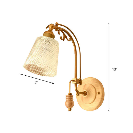 Prismatic Glass Cone Sconce Lamp - Brass Wall Lighting Fixture With Curved Arm