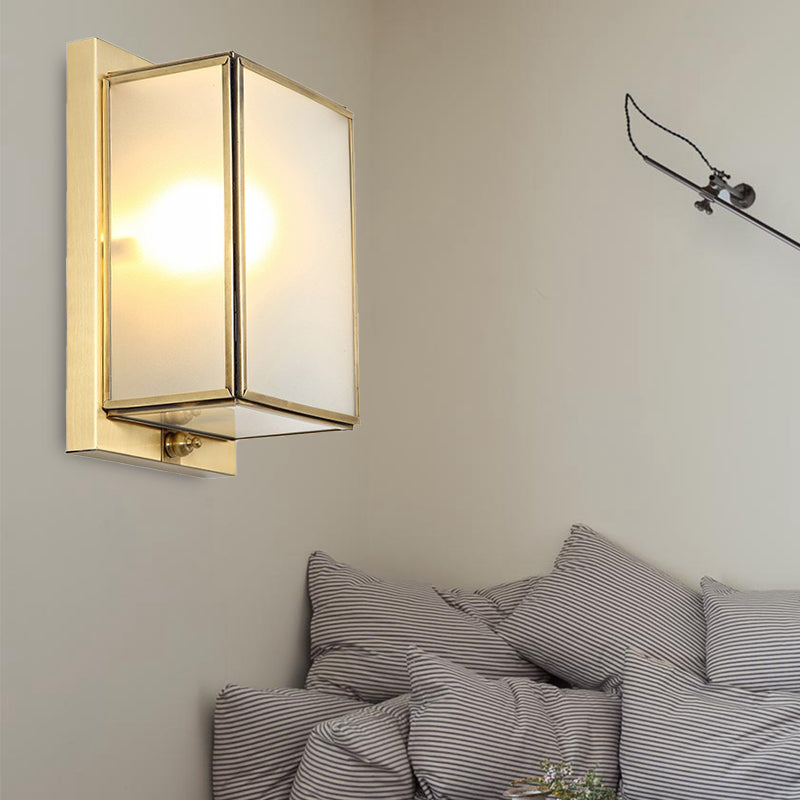 Traditional White Glass Wall Sconce With Brass Rectangle Frame - 1/2 Heads Lighting For Living Room