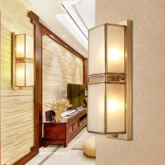 Traditional White Glass Wall Sconce With Brass Rectangle Frame - 1/2 Heads Lighting For Living Room