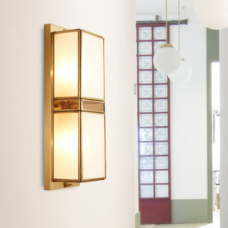 Traditional White Glass Wall Sconce With Brass Rectangle Frame - 1/2 Heads Lighting For Living Room