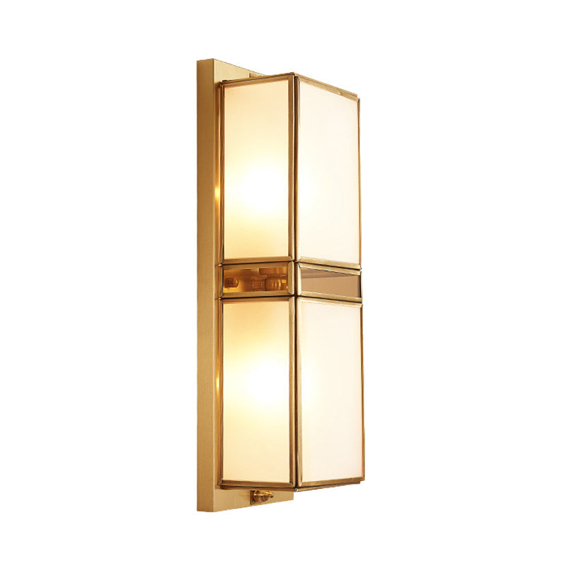 Traditional White Glass Wall Sconce With Brass Rectangle Frame - 1/2 Heads Lighting For Living Room