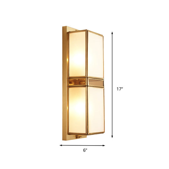 Traditional White Glass Wall Sconce With Brass Rectangle Frame - 1/2 Heads Lighting For Living Room