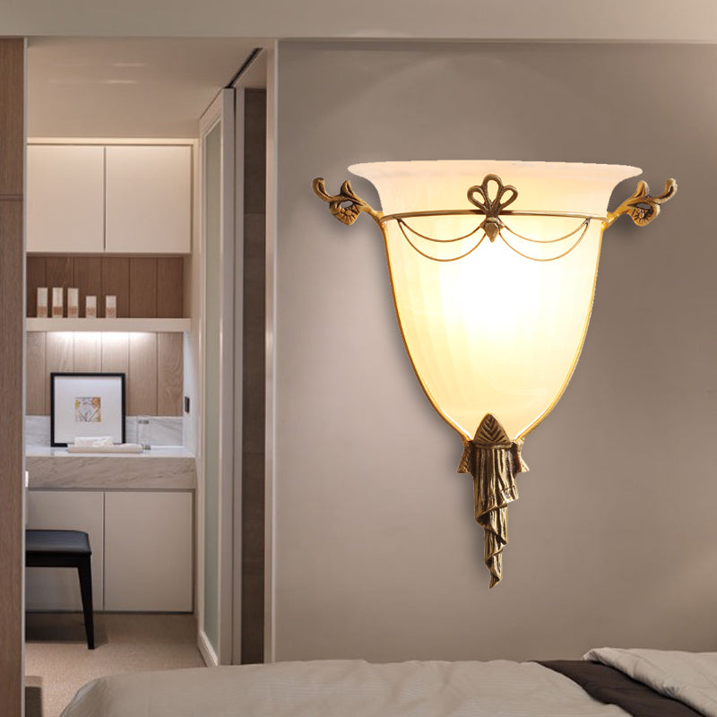 White Glass Bell Sconce Light - Traditional Wall Lighting Fixture For Hallway