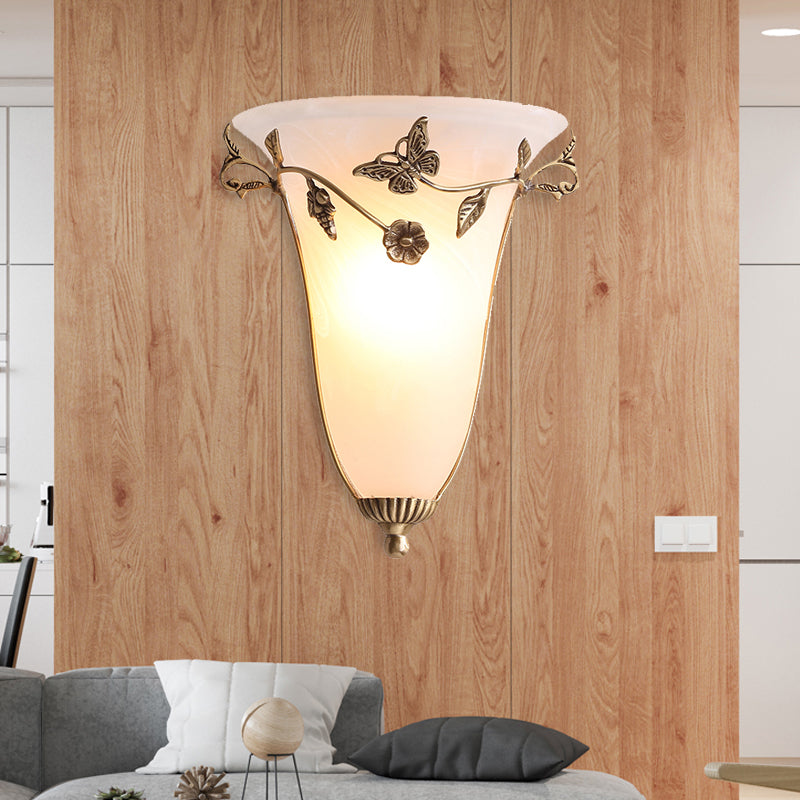 Traditional White Glass Bell Wall Lamp With Brass Sconce - Butterfly And Flower Design