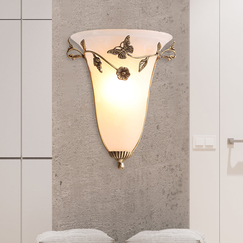 Traditional White Glass Bell Wall Lamp With Brass Sconce - Butterfly And Flower Design