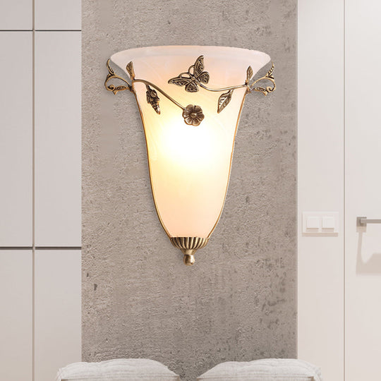 Traditional White Glass Bell Wall Lamp With Brass Sconce - Butterfly And Flower Design