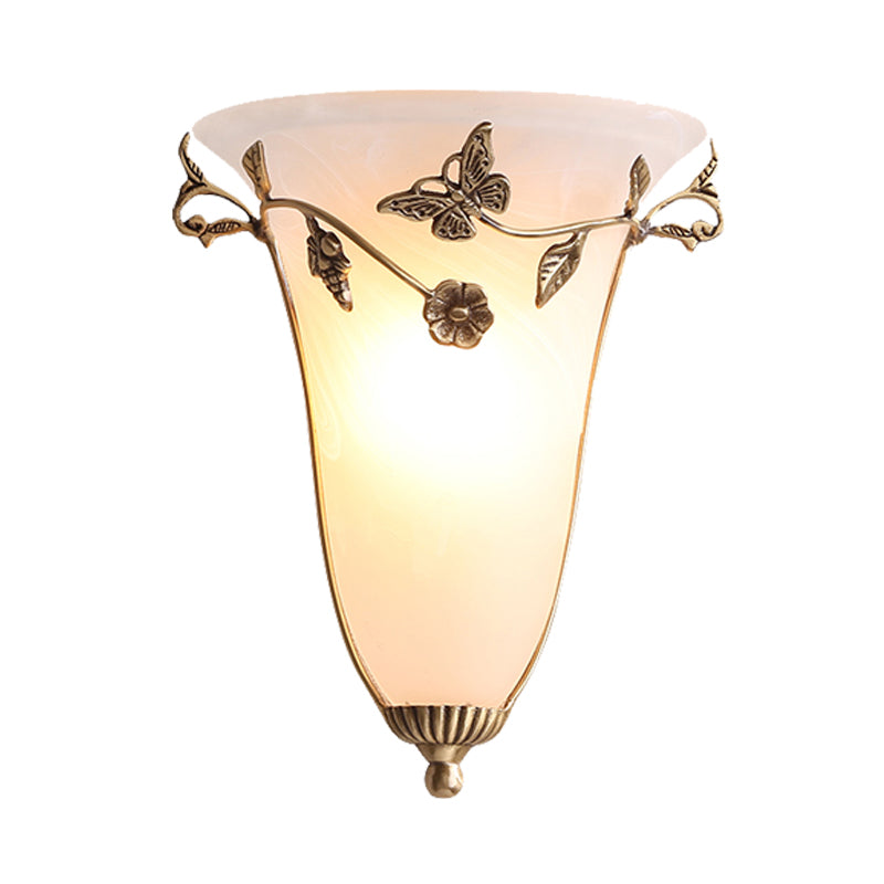 Traditional White Glass Bell Wall Lamp With Brass Sconce - Butterfly And Flower Design