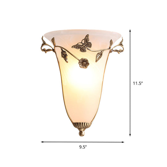 Traditional White Glass Bell Wall Lamp With Brass Sconce - Butterfly And Flower Design