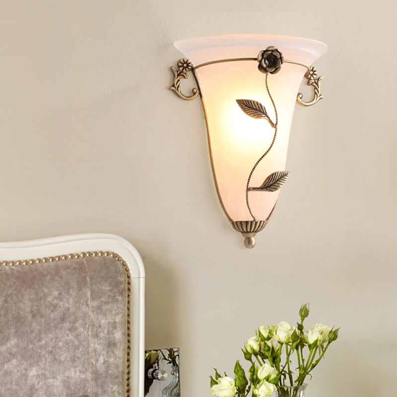 Opal Glass Wall Sconce Lamp: Brass Cone Fixture With Flower Design