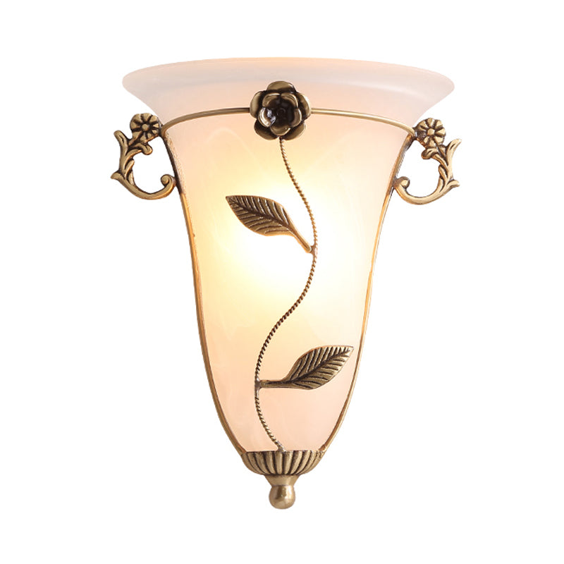 Opal Glass Wall Sconce Lamp: Brass Cone Fixture With Flower Design