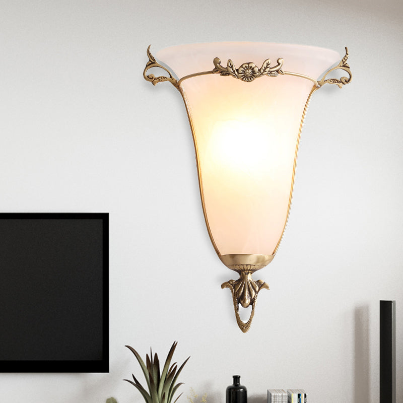 Classic Brass Wall Mounted Lamp With Frosted Glass Shade - Traditional Trumpet Design