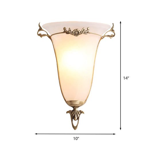 Classic Brass Wall Mounted Lamp With Frosted Glass Shade - Traditional Trumpet Design