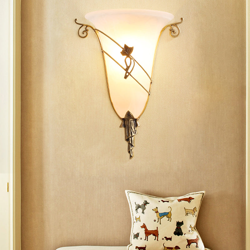 Traditionary White Glass Wall Mounted Brass Bell Sconce: 1-Head Lighting For Living Room