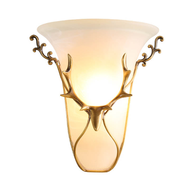 Frosted Glass Wall Mounted Brass Lamp With Elk Head - Traditional Trumpet Mount