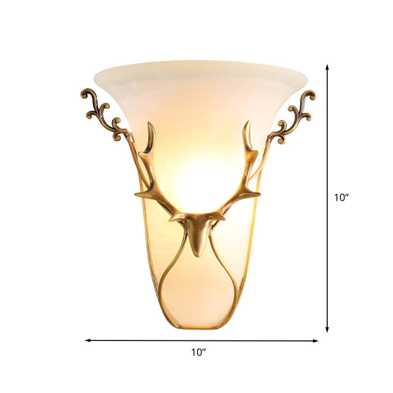 Frosted Glass Wall Mounted Brass Lamp With Elk Head - Traditional Trumpet Mount