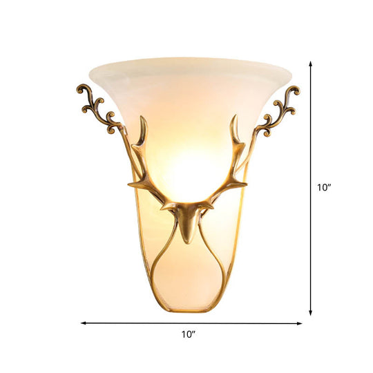 Frosted Glass Wall Mounted Brass Lamp With Elk Head - Traditional Trumpet Mount