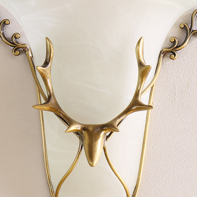 Frosted Glass Wall Mounted Brass Lamp With Elk Head - Traditional Trumpet Mount