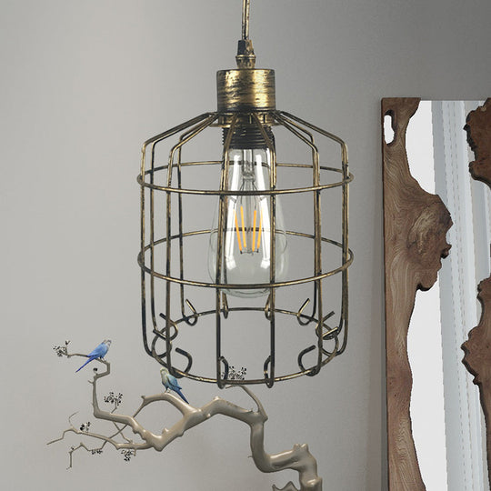 Industrial Wire Frame Pendant Light - Dark Rust, Adjustable Cord