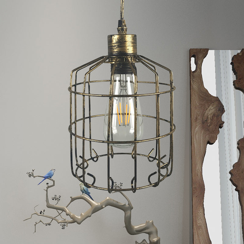 Industrial Wire Frame Pendant Light - 1 Head Adjustable Cord Metallic Finish In Dark Rust Antique