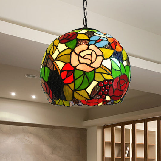 Antique Bronze Tiffany-Style Stained Glass Pendant Light - Global 1 Head Ceiling Hanging 10/12 Wide