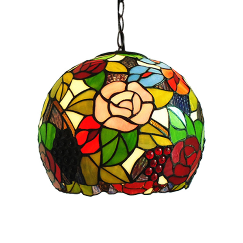 Antique Bronze Tiffany-Style Stained Glass Pendant Light - Global 1 Head Ceiling Hanging 10/12 Wide