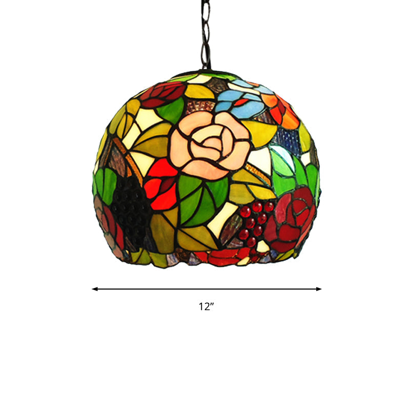 Antique Bronze Tiffany-Style Stained Glass Pendant Light - Global 1 Head Ceiling Hanging 10/12 Wide