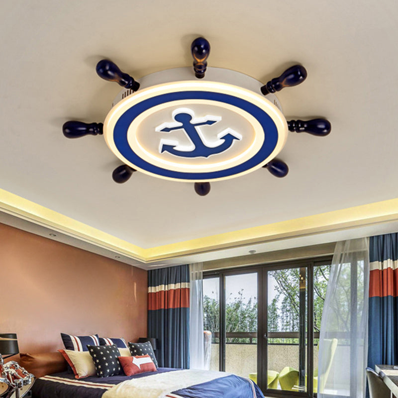 Blue Led Flushmount Ceiling Lamp For Kids Room With Cartoon Ship Rudder Design