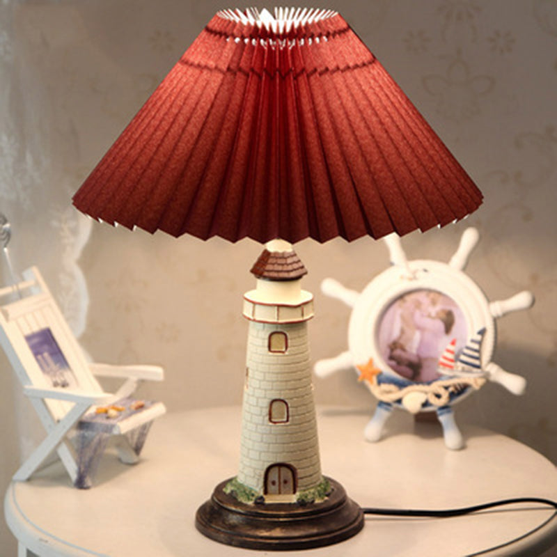 Kids 1-Light Pvc Pleated Shade Table Lamp With Lighthouse Pedestal - Nightstand Ambience! Red