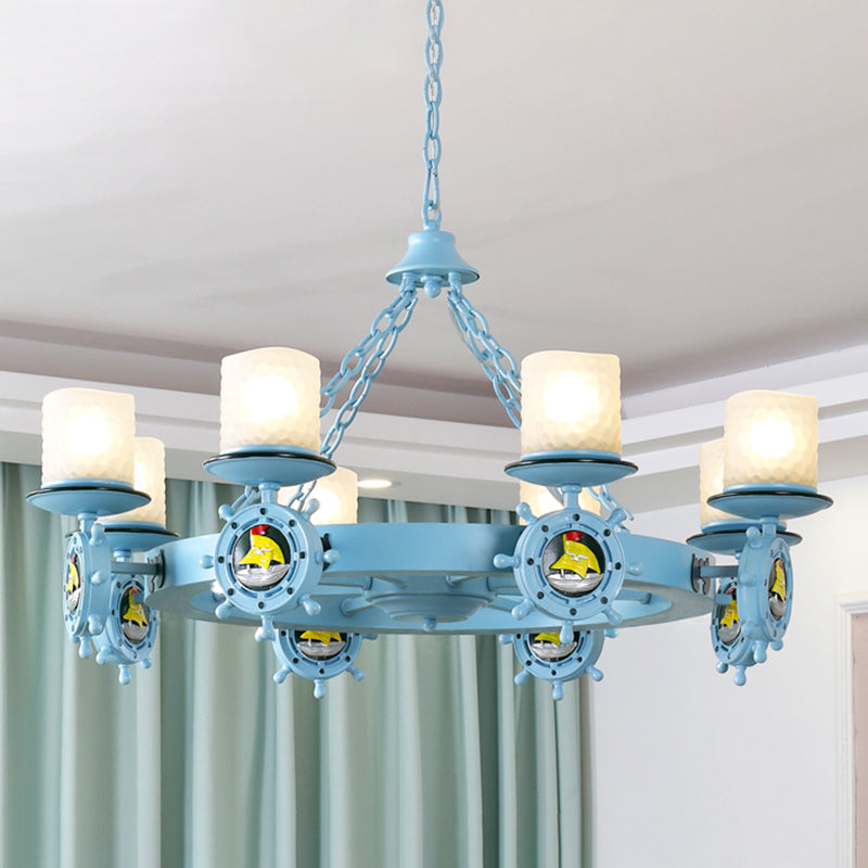 Cartoon Opal Glass Pendant Light With Rudder Decor - Blue Cylindrical Chandelier: Ideal For Childs