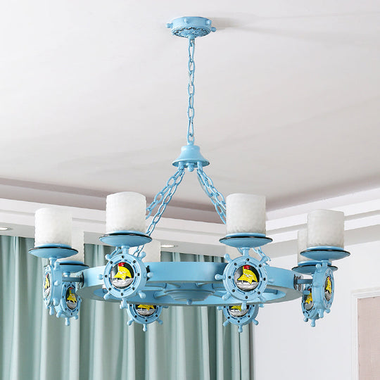 Cartoon Opal Glass Pendant Light With Rudder Decor - Blue Cylindrical Chandelier: Ideal For Childs