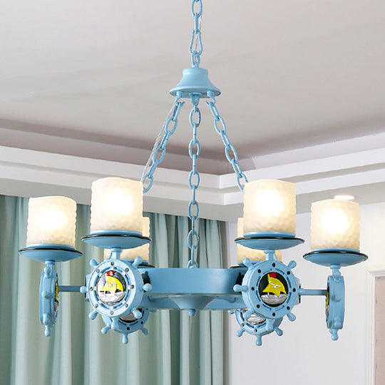 Cartoon Opal Glass Pendant Light With Rudder Decor - Blue Cylindrical Chandelier: Ideal For Childs