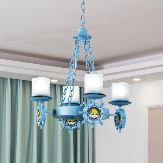 Cartoon Opal Glass Pendant Light With Rudder Decor - Blue Cylindrical Chandelier: Ideal For Childs