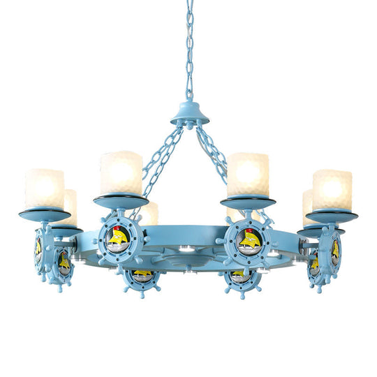 Cartoon Opal Glass Pendant Light With Rudder Decor - Blue Cylindrical Chandelier: Ideal For Childs