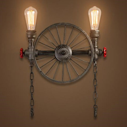 Industrial Iron Garage Sconce Lamp - Black Wheel Wall Mounted Light With Chain And Valve