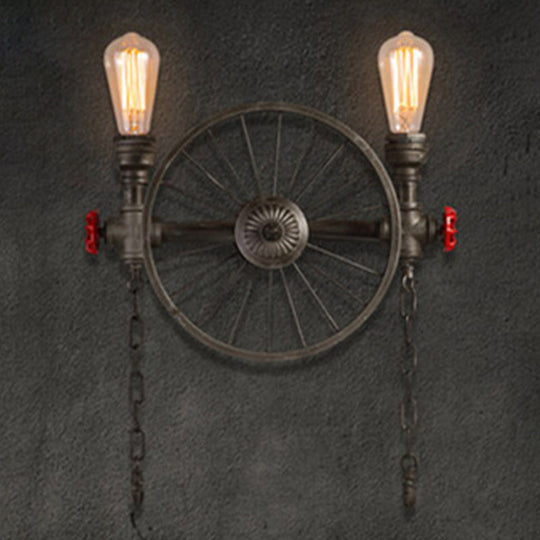 Industrial Iron Garage Sconce Lamp - Black Wheel Wall Mounted Light With Chain And Valve