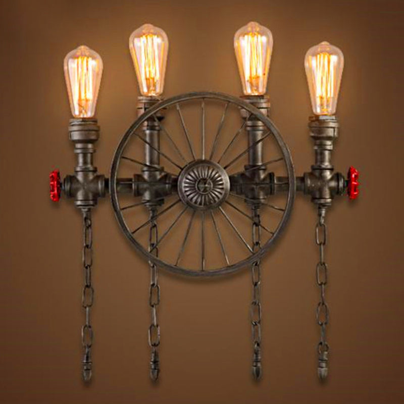 Industrial Iron Garage Sconce Lamp - Black Wheel Wall Mounted Light With Chain And Valve 4 /