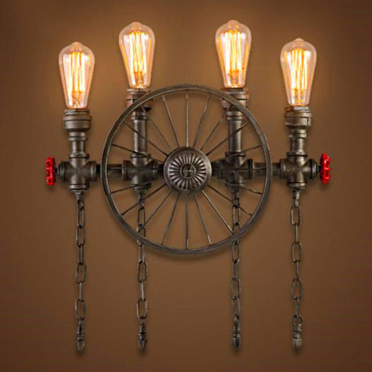 Industrial Iron Garage Sconce Lamp - Black Wheel Wall Mounted Light With Chain And Valve 4 /