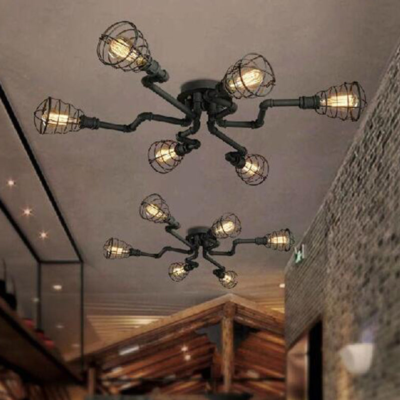 Black Industrial Cage Ceiling Light for Entryways - Semi Flush Mount