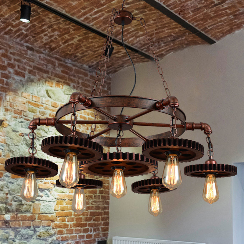 Factory Style Iron Suspension Chandelier with Bronze Finish & Gear Wheel Deco – Bare Bulb Lighting