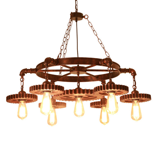 Factory Style Iron Suspension Chandelier with Bronze Finish & Gear Wheel Deco – Bare Bulb Lighting