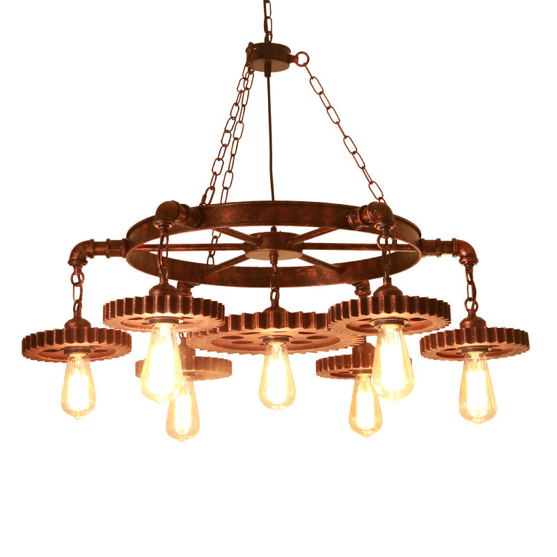 Factory-Style Iron Chandelier With Bronze Finish Bare Bulb Suspension And Gear/Wheel Deco