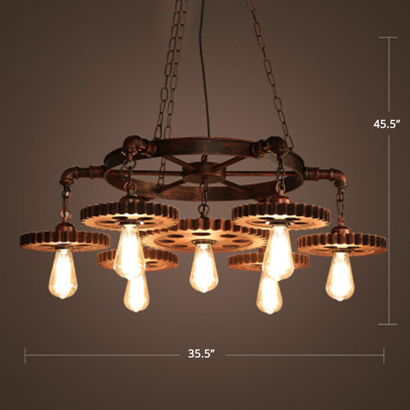 Factory Style Iron Suspension Chandelier with Bronze Finish & Gear Wheel Deco – Bare Bulb Lighting