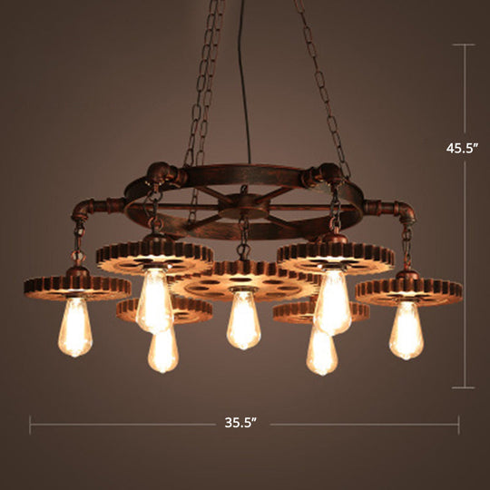 Factory-Style Iron Chandelier With Bronze Finish Bare Bulb Suspension And Gear/Wheel Deco